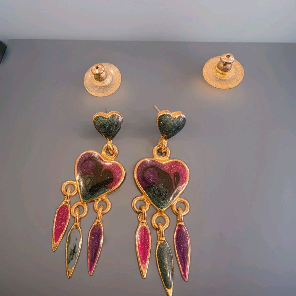 Vintage Gold Tone Enamel Hearts Drop Earrings Pink Magenta Green Dangle